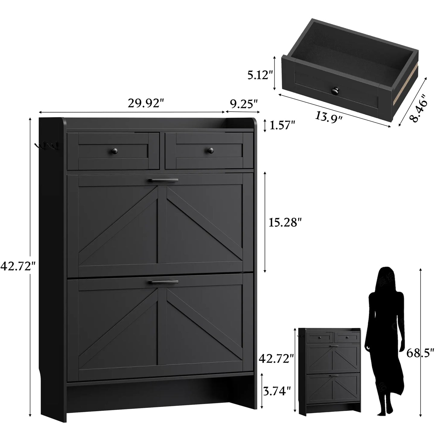 Shoe Storage Cabinet for Entryway, Farmhouse Wide Shoe Cabinet with 4 Flip Drawers and 2 Top Drawers, Freestanding Organizer with Adjustable Shelves, Hooks, and Anti-Tip Kit for Hallway fathers day gift ideas
