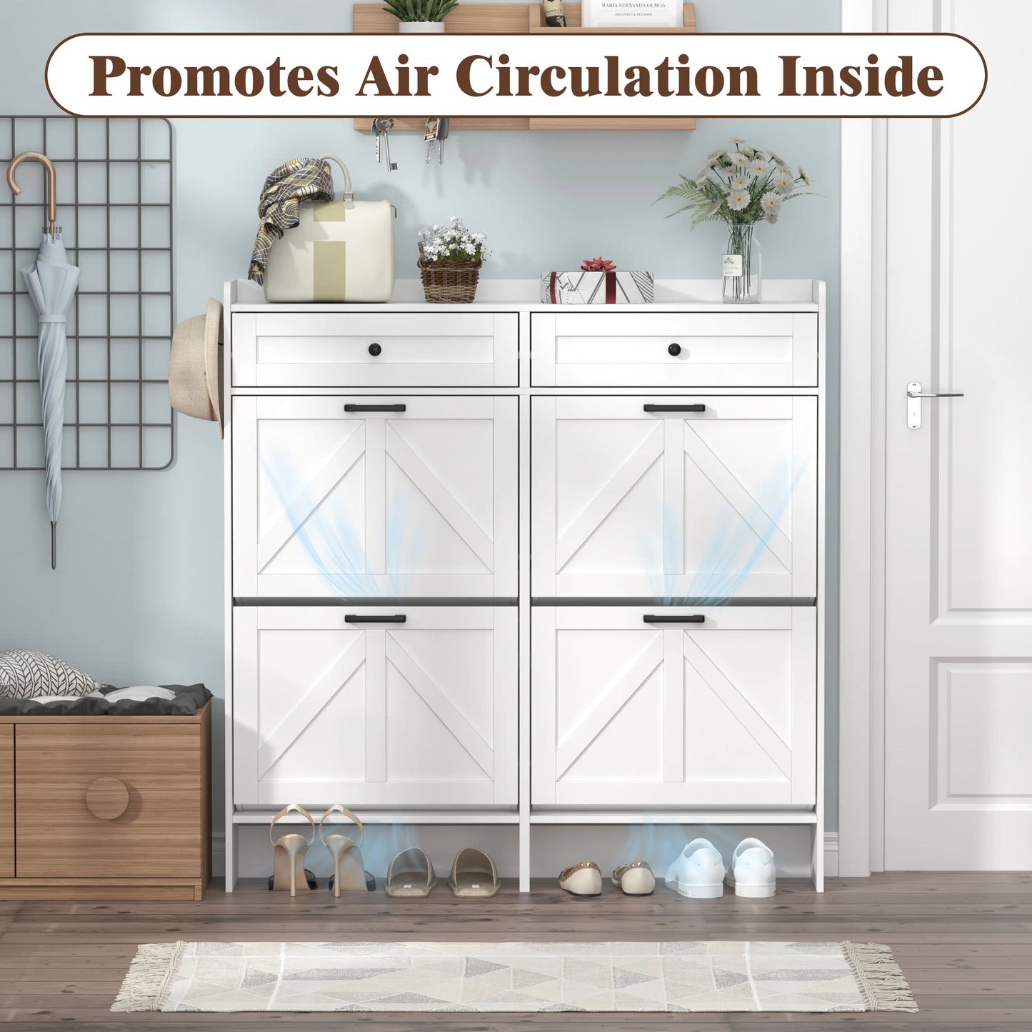 Shoe Storage Cabinet for Entryway, Farmhouse Wide Shoe Cabinet with 4 Flip Drawers and 2 Top Drawers, Freestanding Organizer with Adjustable Shelves, Hooks, and Anti-Tip Kit for Hallway fathers day gift ideas