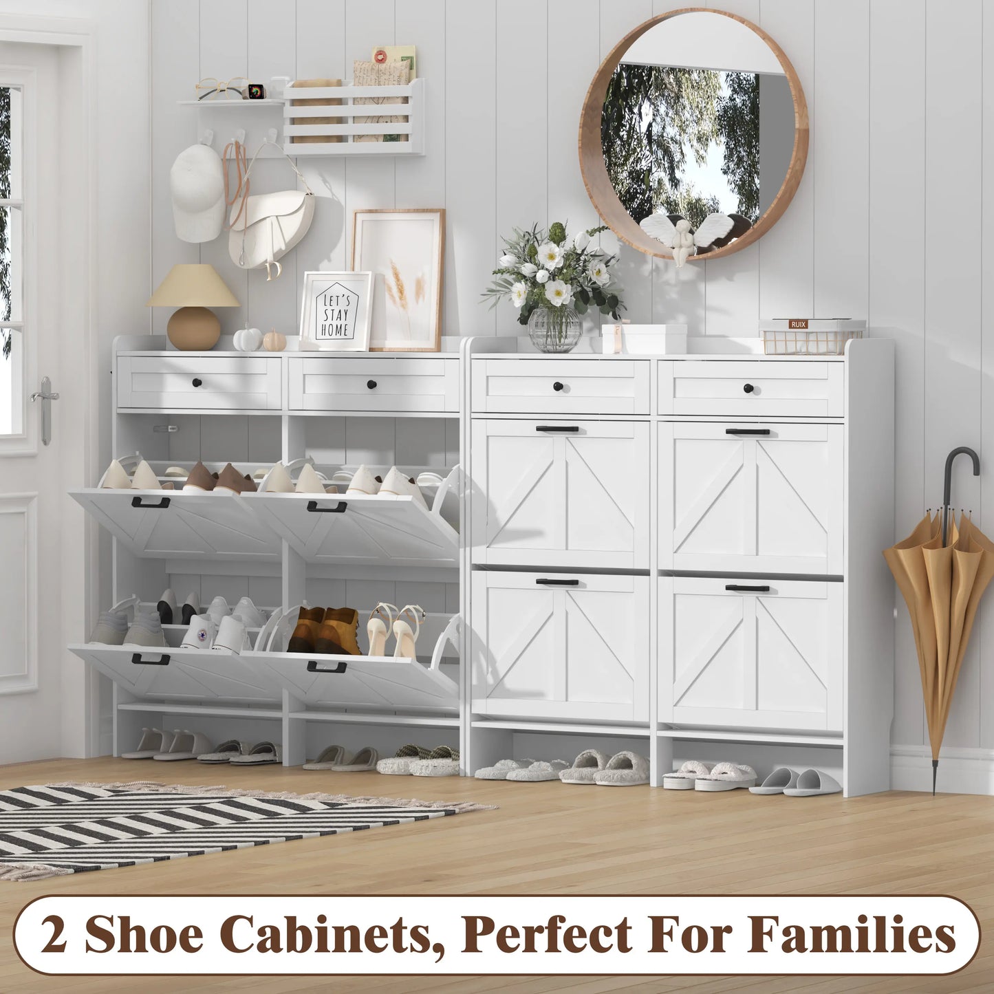 Shoe Storage Cabinet for Entryway, Farmhouse Wide Shoe Cabinet with 4 Flip Drawers and 2 Top Drawers, Freestanding Organizer with Adjustable Shelves, Hooks, and Anti-Tip Kit for Hallway fathers day gift ideas