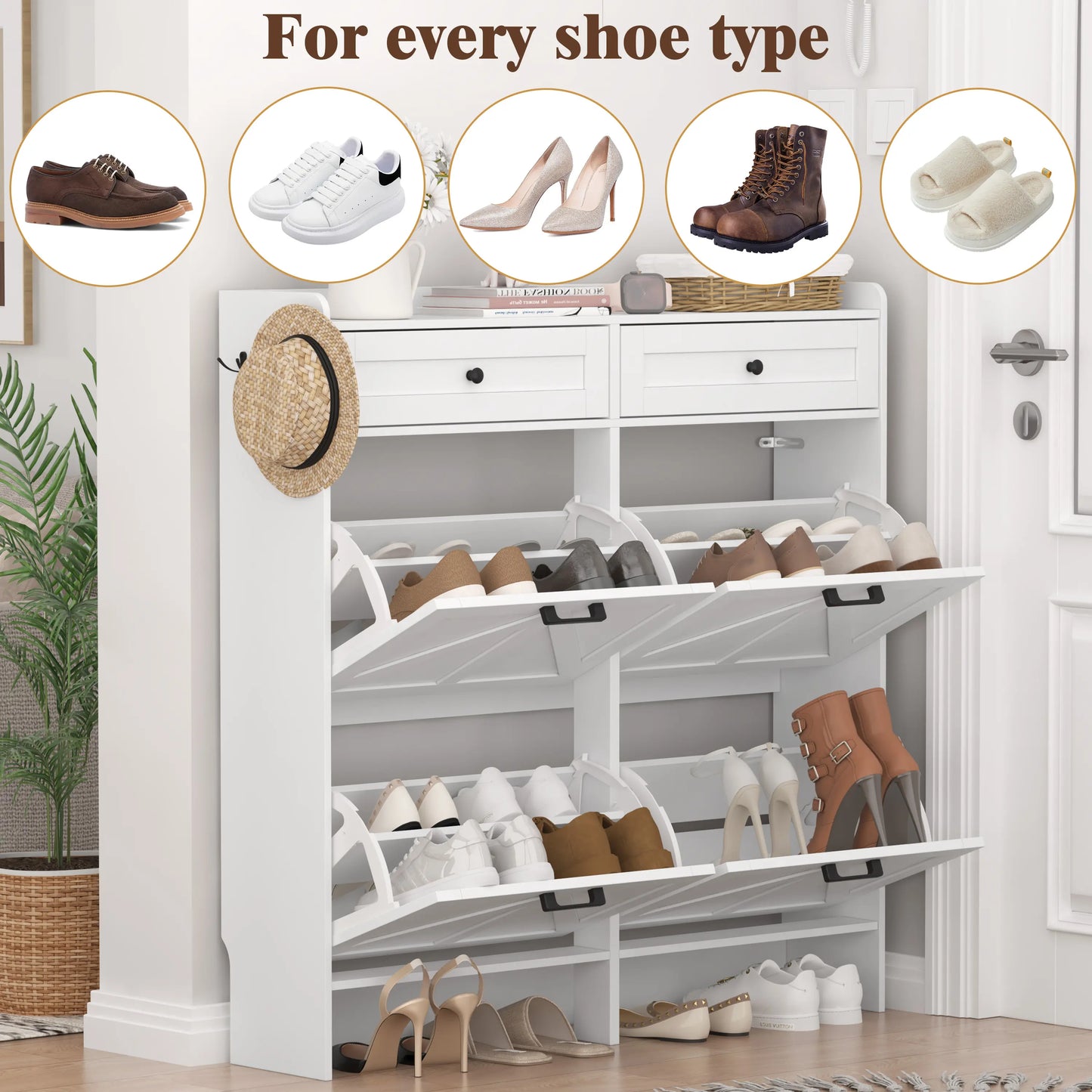 Shoe Storage Cabinet for Entryway, Farmhouse Wide Shoe Cabinet with 4 Flip Drawers and 2 Top Drawers, Freestanding Organizer with Adjustable Shelves, Hooks, and Anti-Tip Kit for Hallway fathers day gift ideas