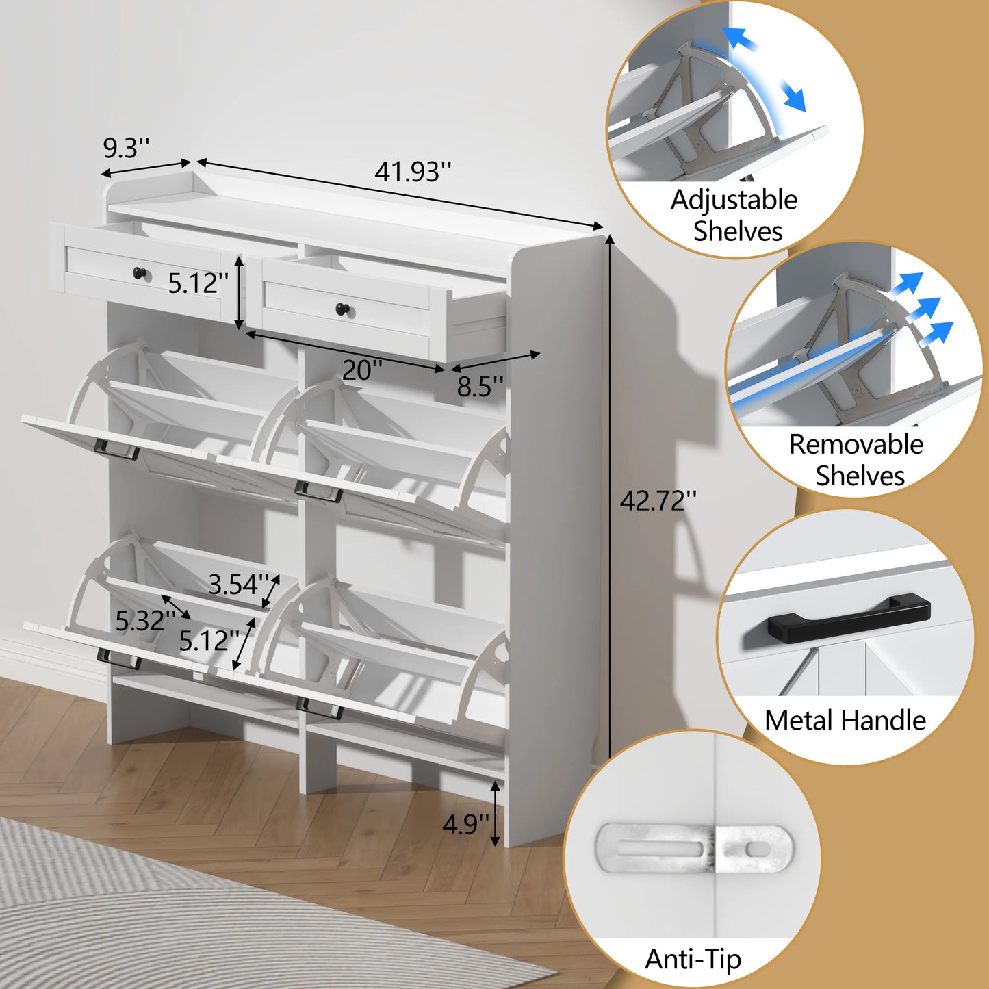 Shoe Storage Cabinet for Entryway, Farmhouse Wide Shoe Cabinet with 4 Flip Drawers and 2 Top Drawers, Freestanding Organizer with Adjustable Shelves, Hooks, and Anti-Tip Kit for Hallway fathers day gift ideas